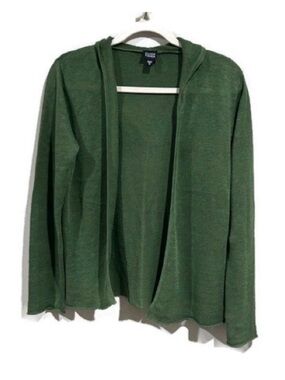 Eileen Fisher Linen Sage Green Hooded Open Front Cardigan